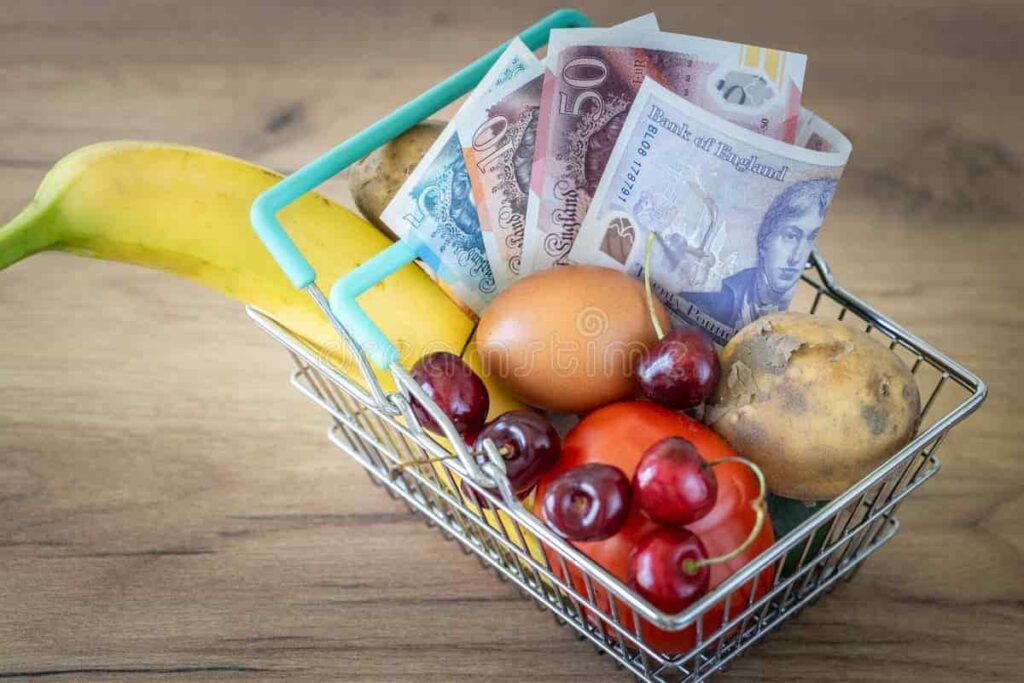 Grocery basket with British currency symbolizing cost of living in the UK