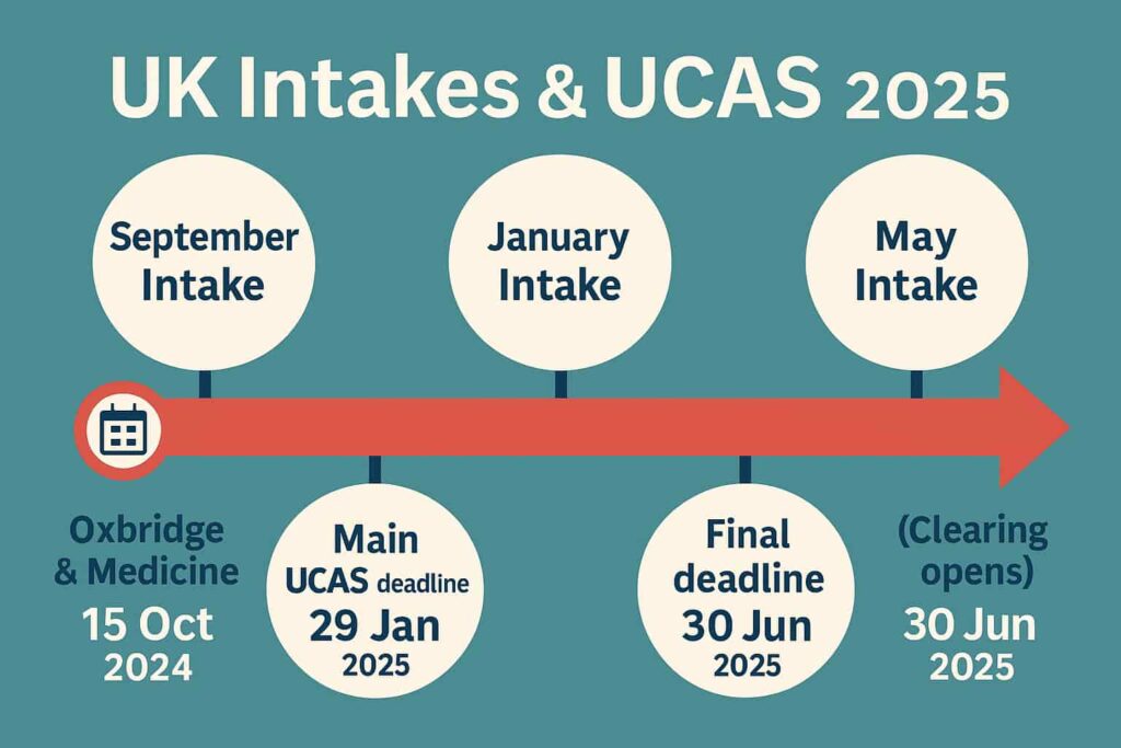 Infographic showing UK university intakes and admission deadlines with monthly timeline layout