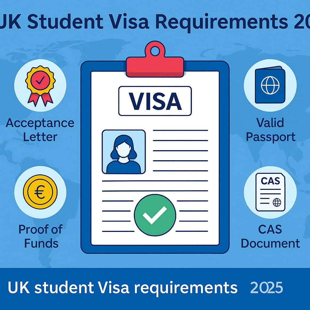 UK student holding visa approval with British flag in background – 2025 student visa requirements illustration