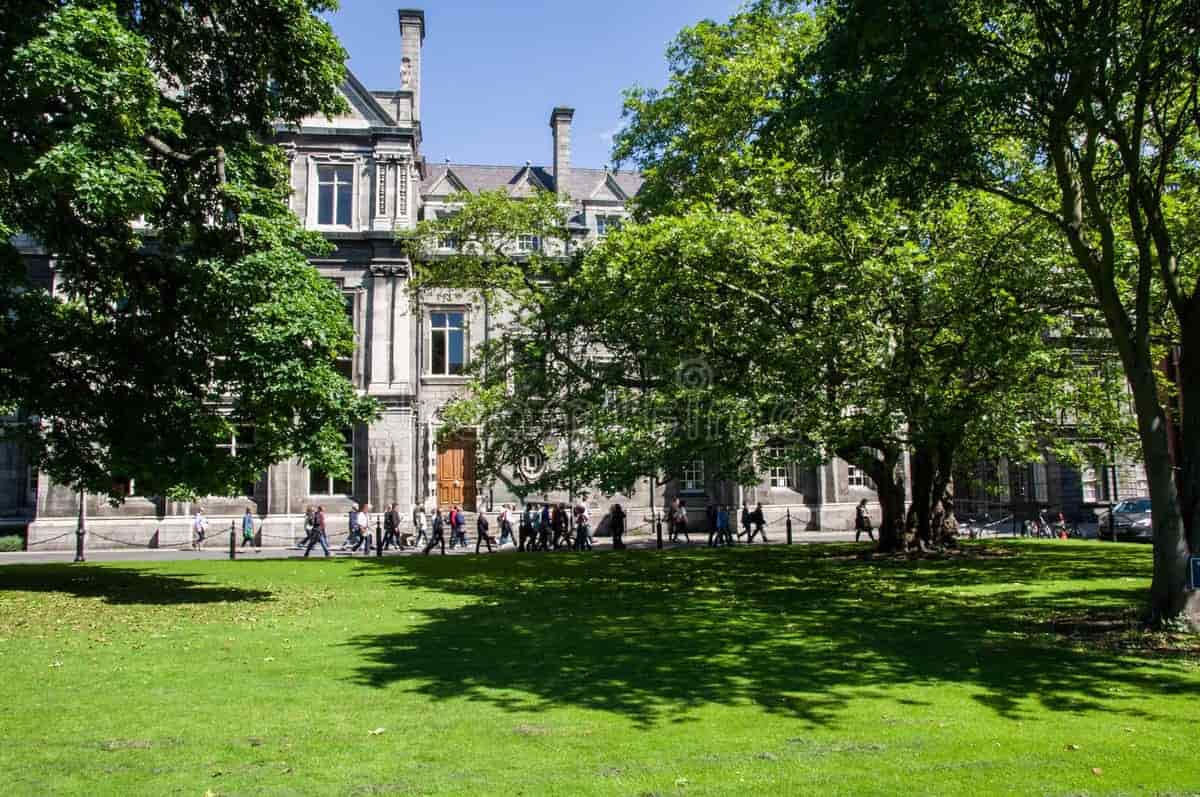 Trinity College Dublin – Ireland’s Oldest and Top-Ranked University Front view of Trinity College Dublin in Ireland, featuring historic architecture and a lively student atmosphere.