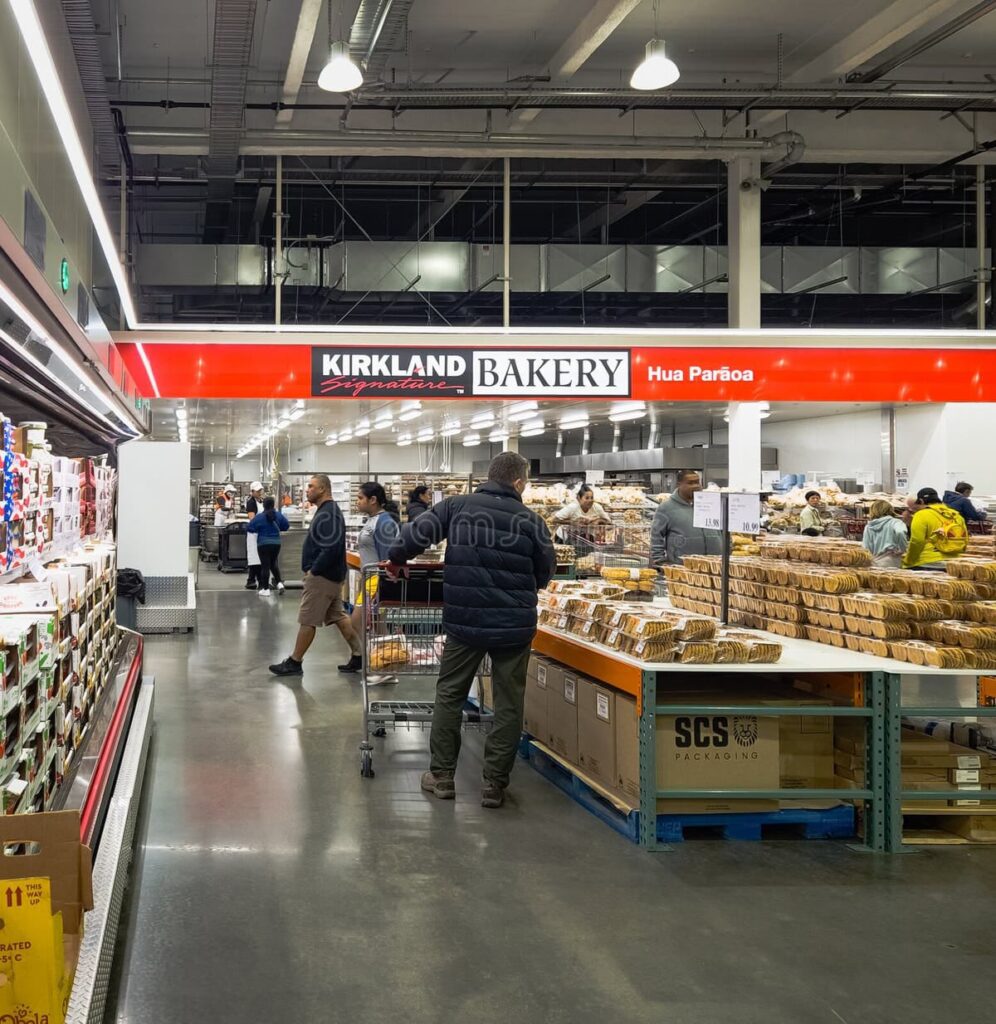 People shopping in a bakery section of a supermarket in New Zealand, showcasing daily grocery expenses.