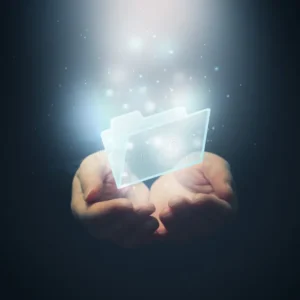 Hands holding a glowing digital folder icon, symbolizing a downloadable checklist or file.