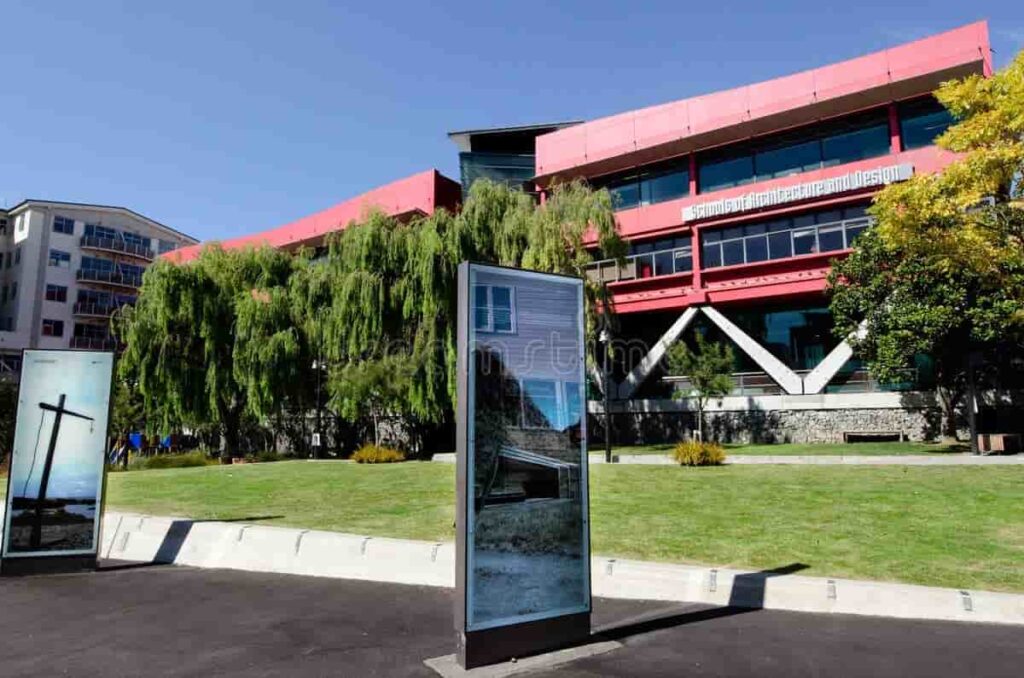 Modern campus view of the School of Architecture and Design in Wellington, New Zealand.