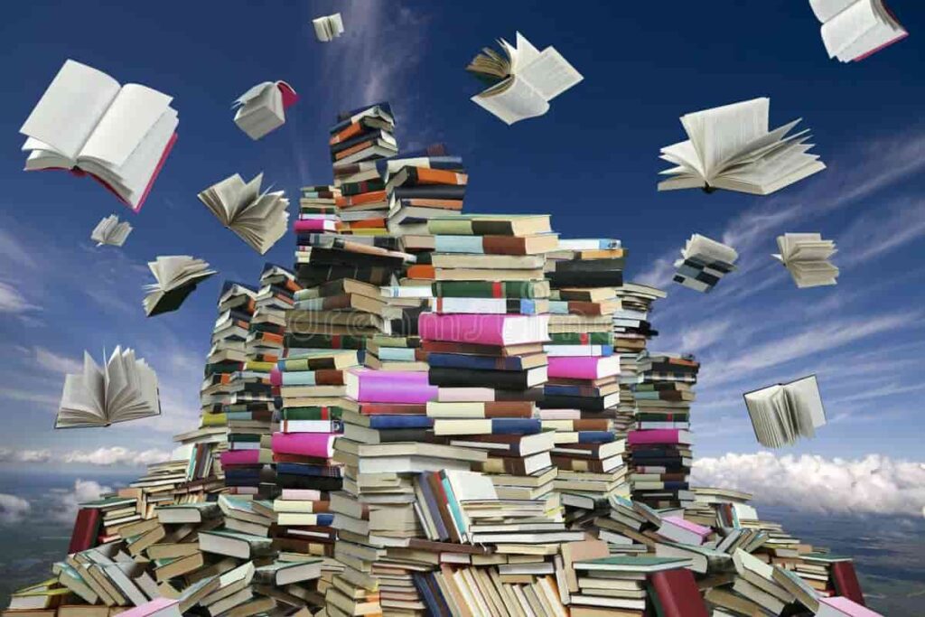 Stacks of books and flying open books in the sky symbolizing unlimited knowledge and learning.