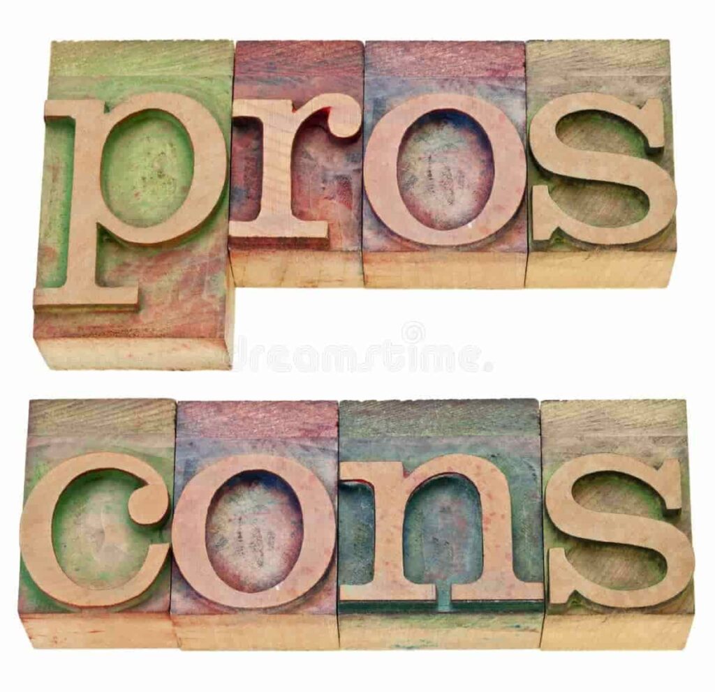 Wooden letterpress blocks spelling out βprosβ and βconsβ to represent advantages and disadvantages.