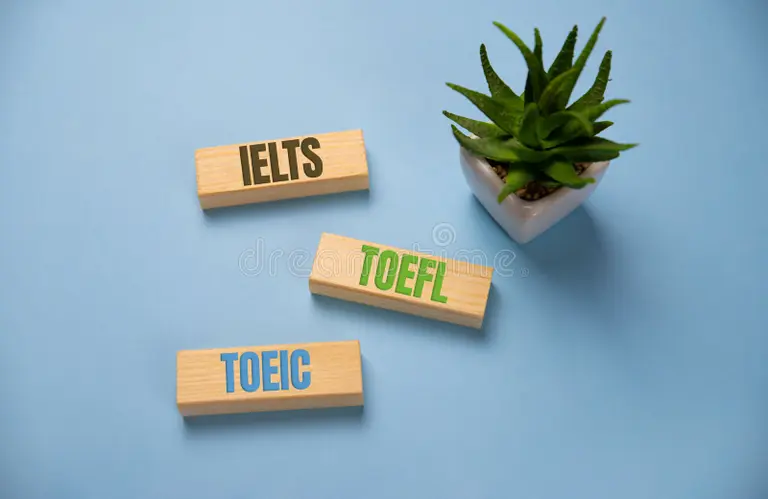 Wooden blocks labeled IELTS, TOEFL, and TOEIC on a blue background with a small plant—English test prep for Study in Sweden.