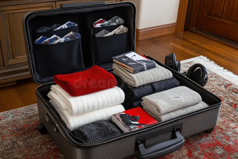 Open suitcase on a rug neatly packed with folded wool sweaters, thermals, socks, and accessories—winter clothing essentials for Study in Sweden.