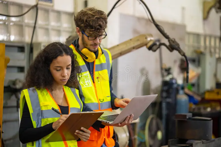 Two engineering students/graduate trainees in high-visibility vests working in an industrial lab with a robotic arm—one with a laptop and the other with a clipboard—symbolizing post-study work and career growth after Study in Sweden.