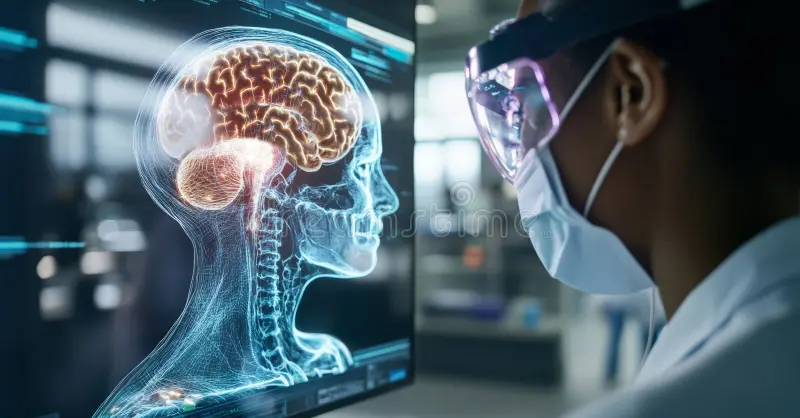 Scientist in safety goggles reviewing a 3D brain scan on a monitor—neuroscience/medical imaging research and internships in Sweden.