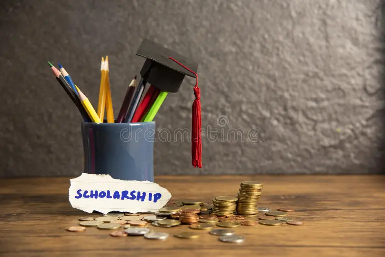 Cup of pencils with a graduation cap and stacks of coins on a wooden desk labeled “scholarship”—funding strategy for Study in Sweden.