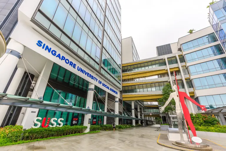 Exterior of Singapore University of Social Sciences campus—modern glass buildings highlighting top universities & courses in Singapore.