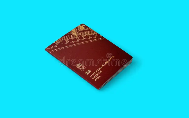 Swedish passport (EU) placed on a turquoise background—symbolizing student visa and residence permit steps for Study in Sweden.