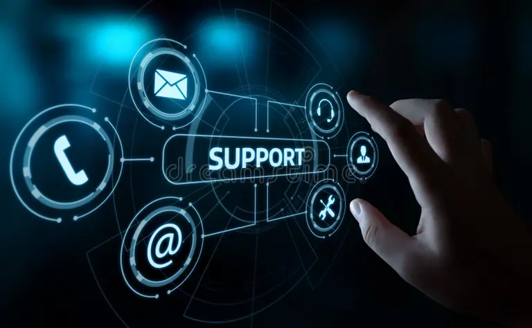 Hand touching digital support icons including phone, email, and chat – StudySilently