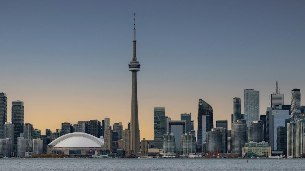 Toronto skyline view at dusk featuring the CN Tower — representing Canada’s top study destinations and university application intakes.
