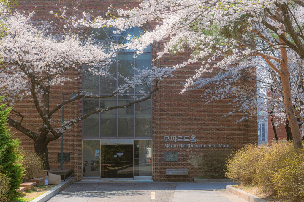 Mozart Hall (Department of Music) surrounded by blooming cherry blossoms in spring, symbolizing South Korea’s beautiful university campuses and vibrant academic culture.