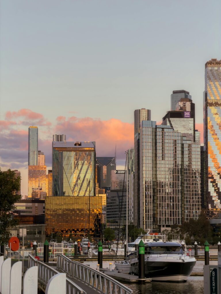Modern city skyline at sunset in Melbourne, Australia, symbolizing career opportunities and life after studying in Australia.