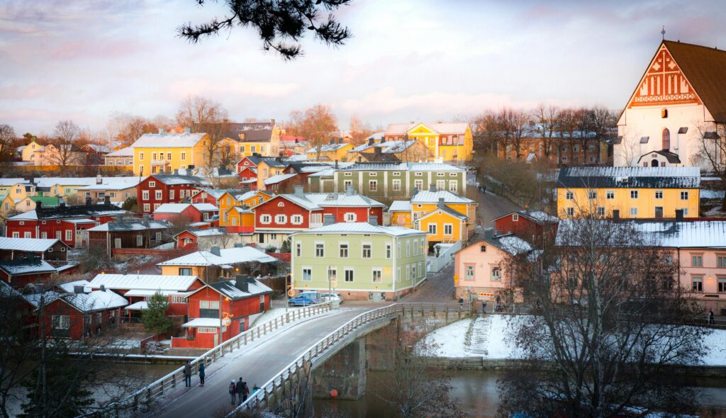 Colorful houses and winter landscape in Porvoo, Finland – ideal representation of Finland for Student Visa & Residence Permit information.
