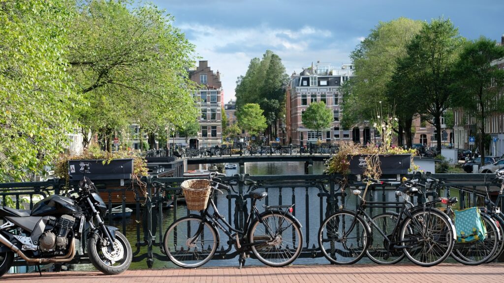 Transportation system in the Netherlands showing bicycles and canals used by international students during study abroad