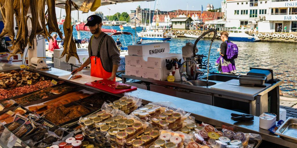 Local street market in Norway with fresh food and daily essentials