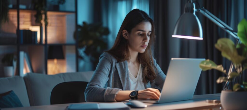 A student working on a laptop at night while researching study abroad opportunities and preparing for international education.