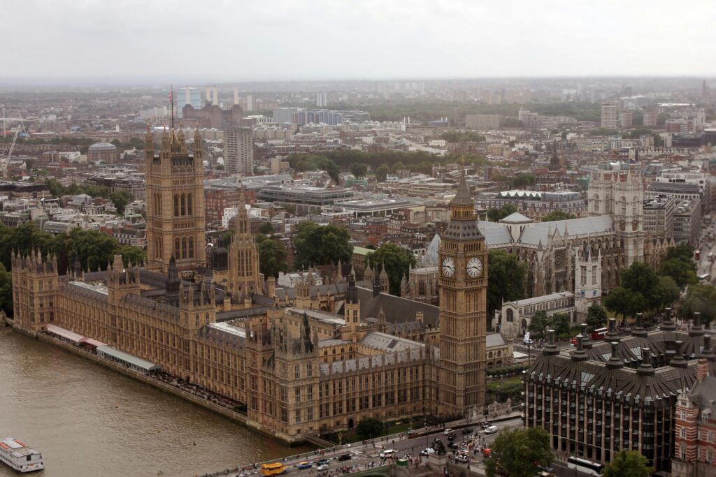 Aerial view of Greater London with Big Ben and the Houses of Parliament representing study in the UK for international students.