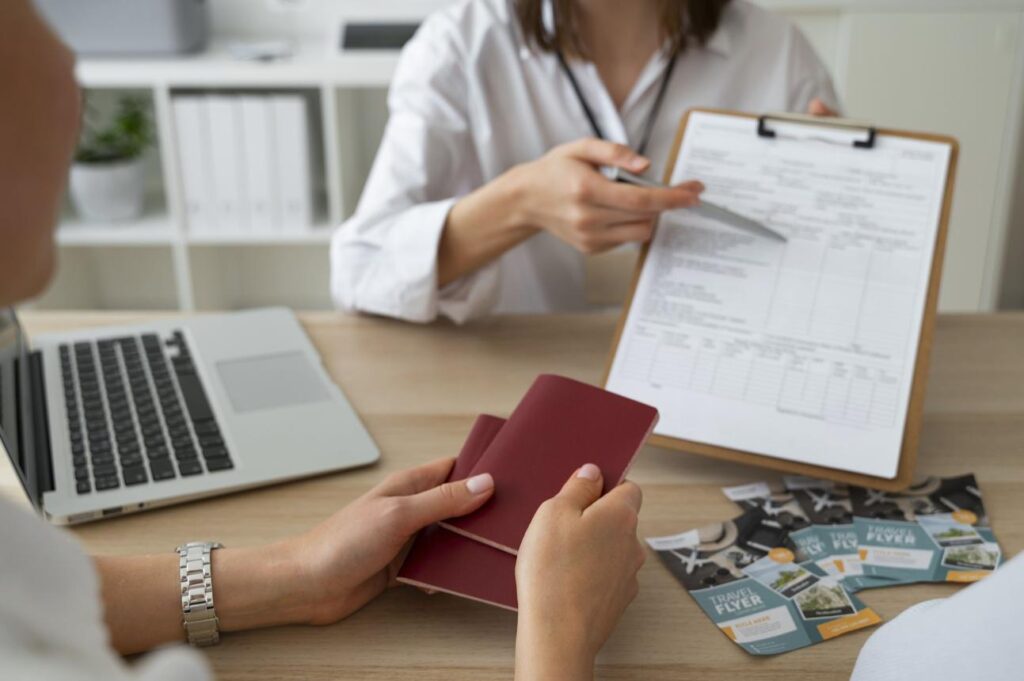Student preparing documents and passport to apply universities abroad during admission consultation