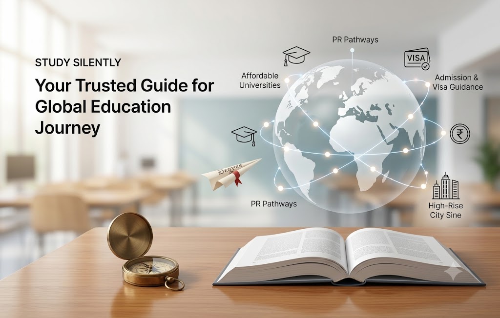 Study Abroad guidance illustration showing global education opportunities, affordable universities, PR pathways, visa guidance, admissions support, and international student resources by Study Silently.