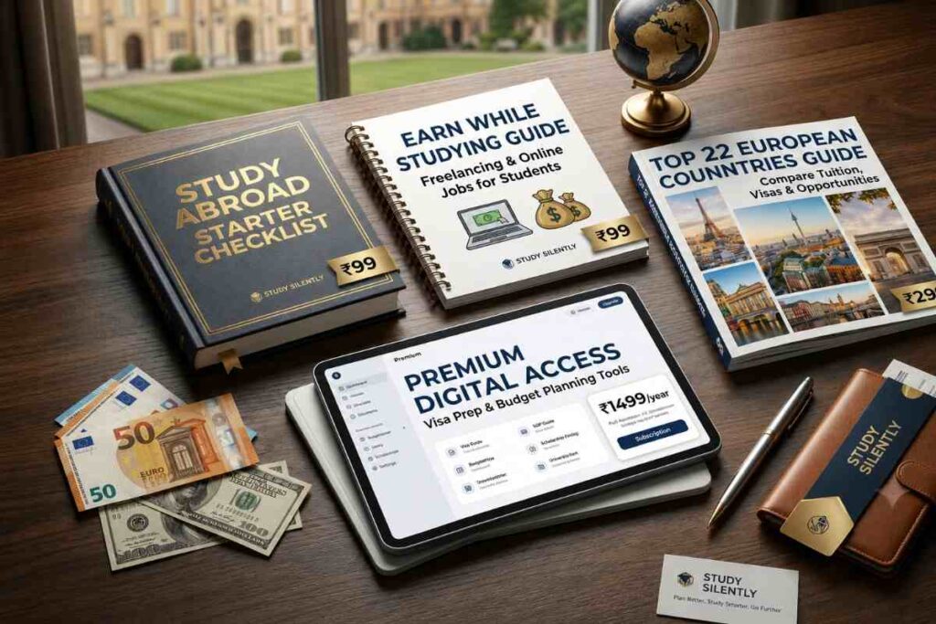 Premium Study Abroad Resources featuring study abroad checklists, digital guides, visa preparation resources, scholarship tools, career planning materials, budget planners, passport, global education books, and student success resources by Study Silently.
