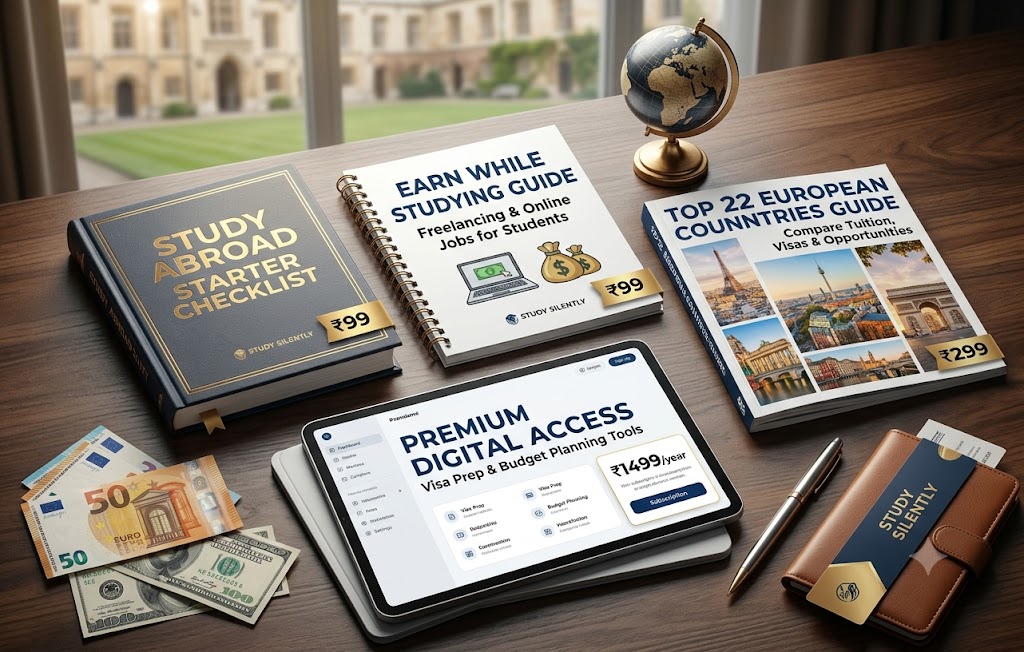 Premium Study Abroad Resources including Study Abroad Starter Checklist, Earn While Studying Guide, European Countries Guide and Digital Planning Tools
