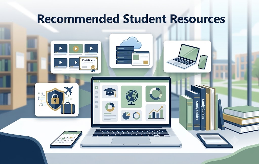 Recommended Student Resources for study abroad students including online courses, hosting solutions, educational tools, travel services, laptops, software platforms, and learning resources.