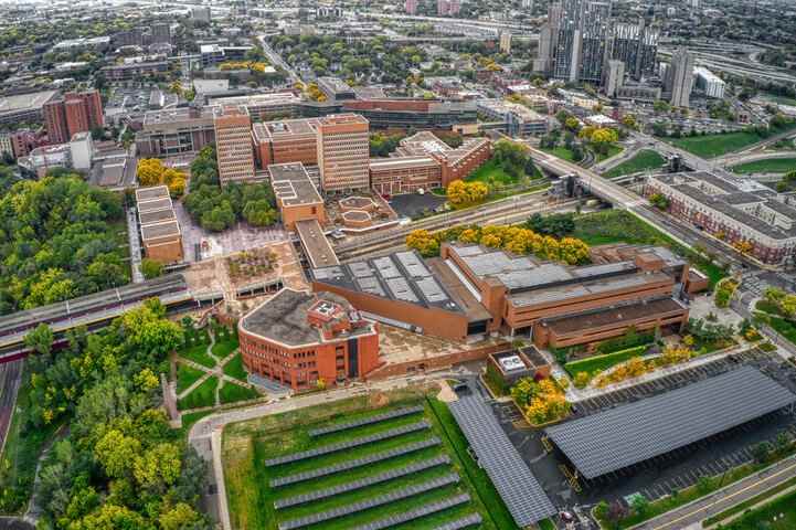 Study in Denmark modern university campus aerial view showcasing academic buildings, green spaces, and world-class higher education infrastructure.