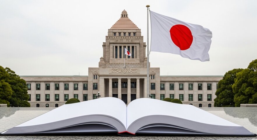 Study in Japan guide featuring Japan's national flag, a government building, and an open book representing higher education opportunities.